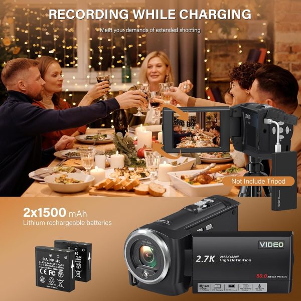 Video Camera Camcorder, QHD 2.7K Camcorder 50MP 16X Digital Video Camera for YouTube, 2.8'' 270 Degree Rotation Screen Video Recorder Vlogging Camera with 32GB Card and Two Batteries - Image 4